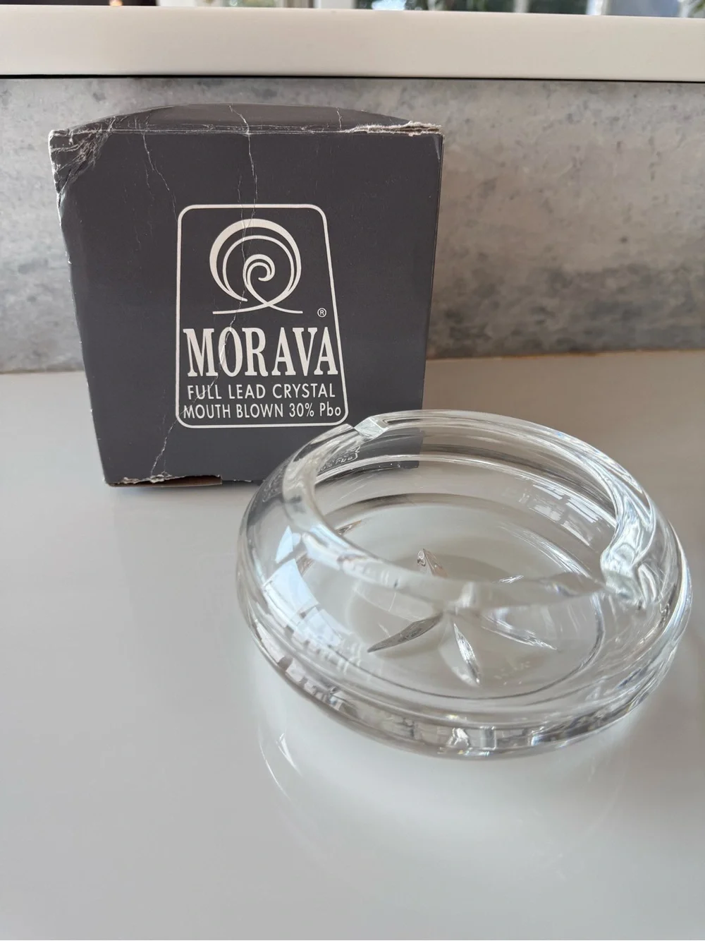 Mouth Blown Crystal Ashtray with Polished Round Bowl